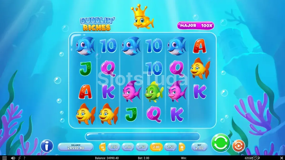 Tela principal do slot Bubblin' Riches com peixinhos e bolhas coloridas