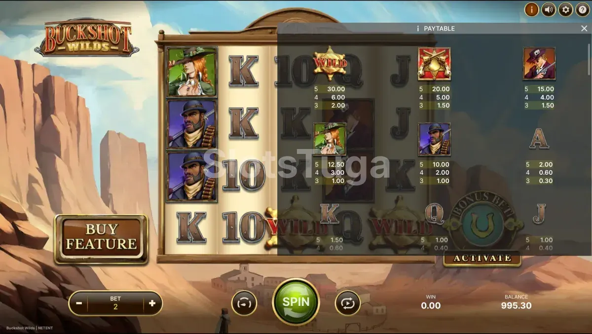 Tabela de pagamentos da Buckshot Wilds mostrando símbolos e prêmios