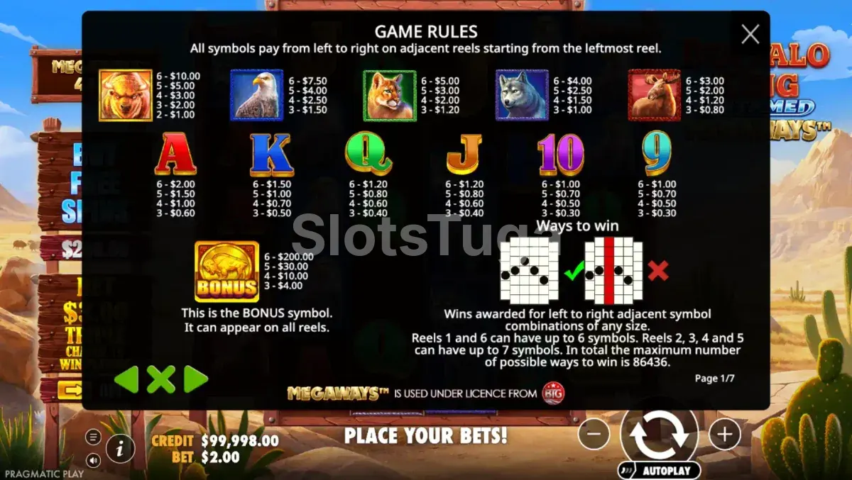 Tabela de pagamentos do Buffalo King Untamed Megaways com todos os símbolos