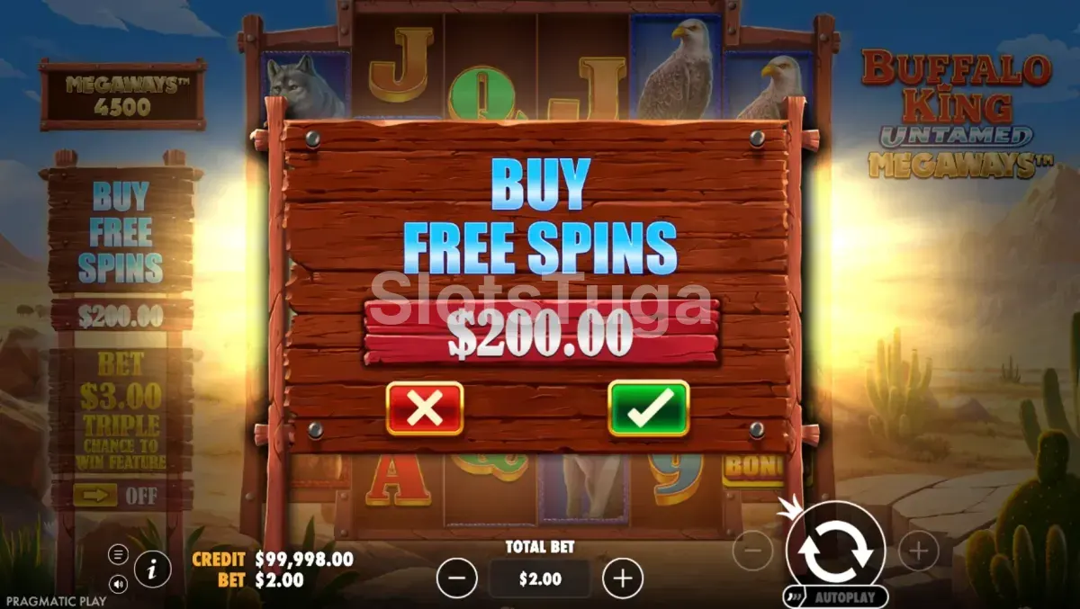 Tela de compra de bônus do Buffalo King Untamed Megaways com opções disponíveis