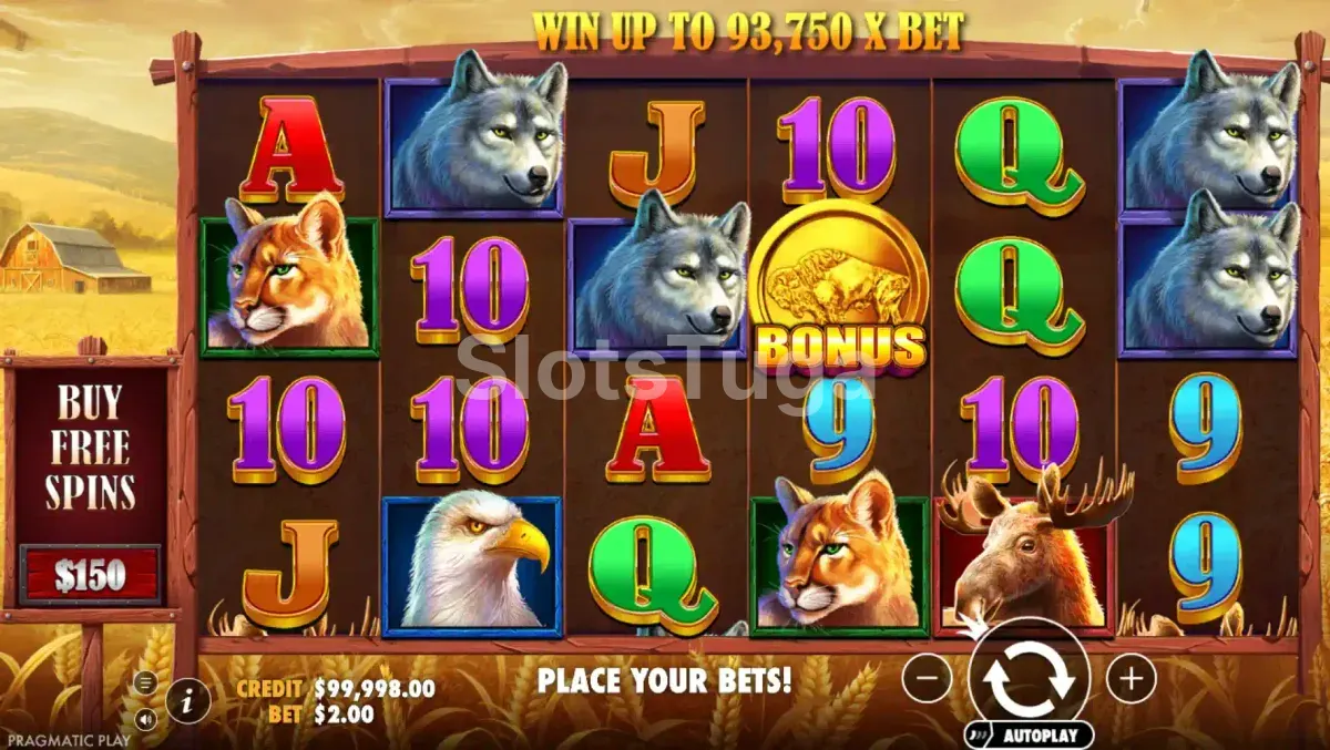Jogo base da Buffalo King com os rolos e animais da pradaria