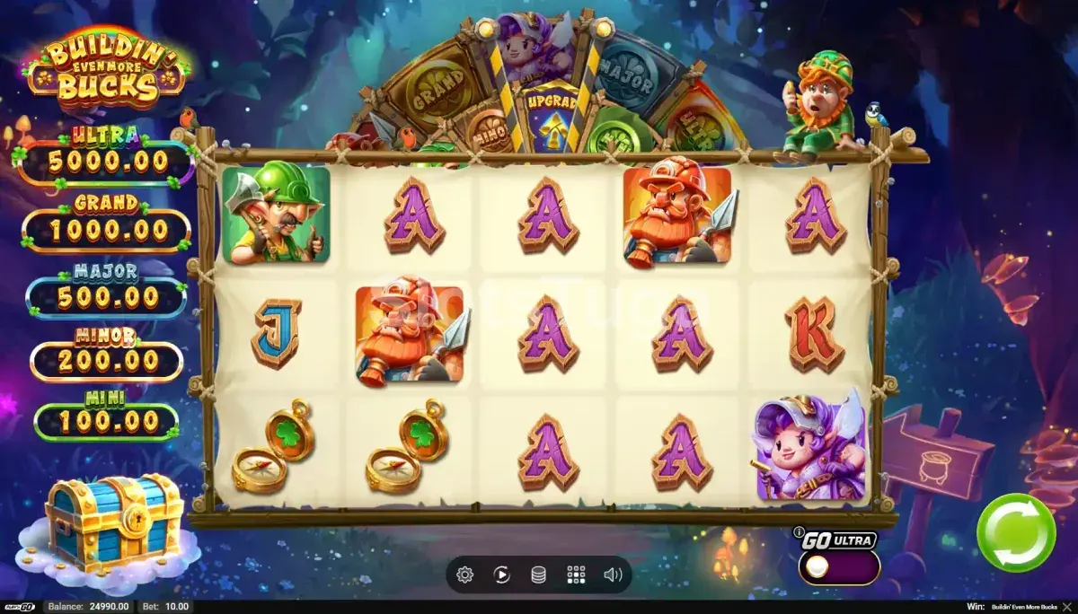 Tela principal do jogo Buildin' Even More Bucks mostrando os rolos em ação