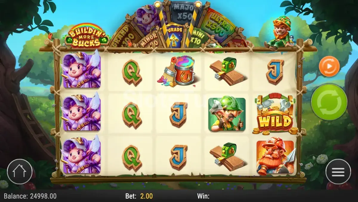 Tela principal da slot Buildin' More Bucks com os rolos e símbolos de construção