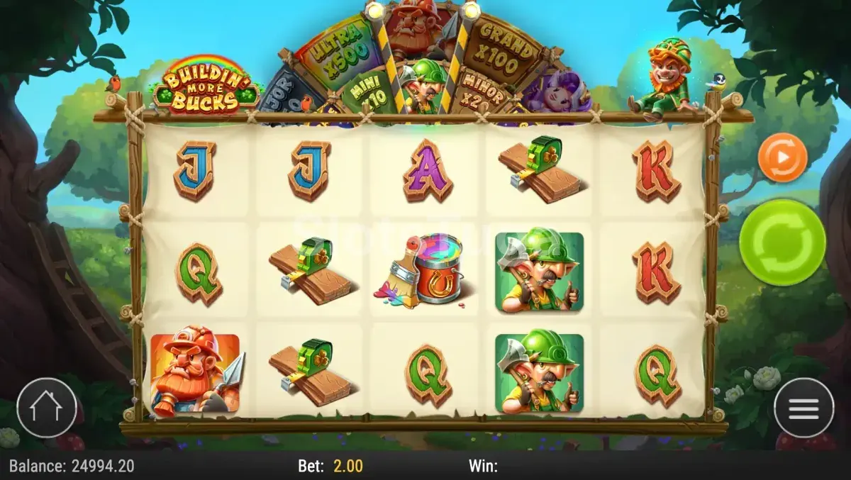Segunda visão do jogo base da Buildin' More Bucks com combinação vencedora