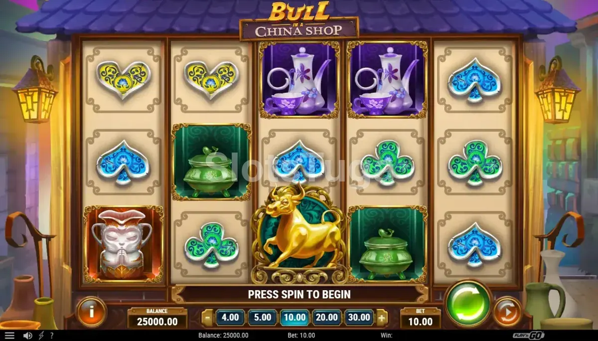 Tela principal do slot Bull in a China Shop com o cenário da loja de porcelanas
