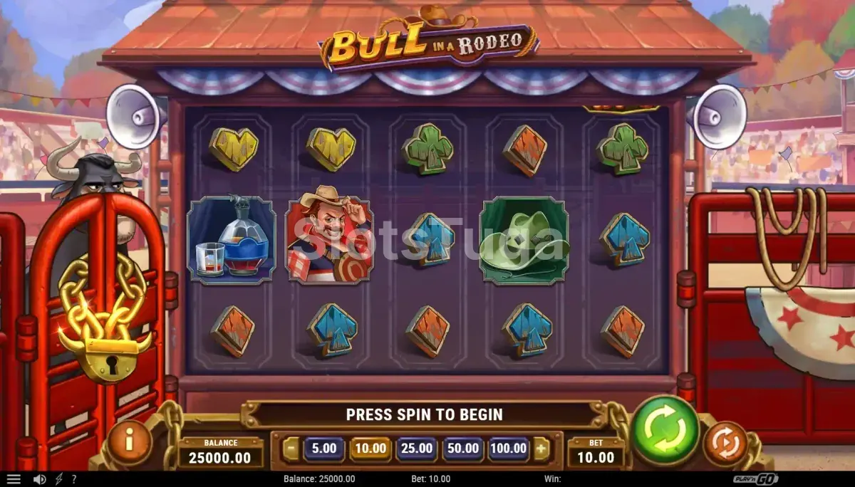 Tela principal do jogo Bull in a Rodeo com os rolos e o cenário de rodeio