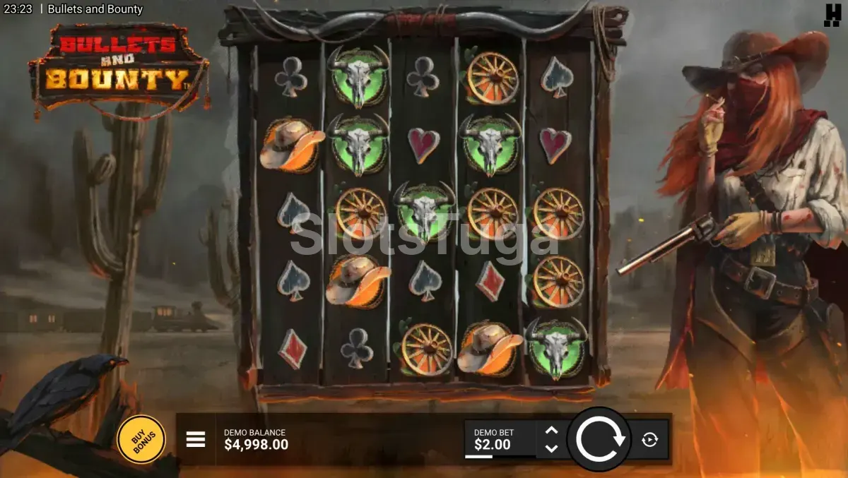 Tela inicial do slot Bullets and Bounty com o grid principal