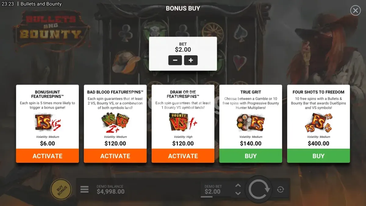 Menu de Bonus Buy disponível no slot Bullets and Bounty