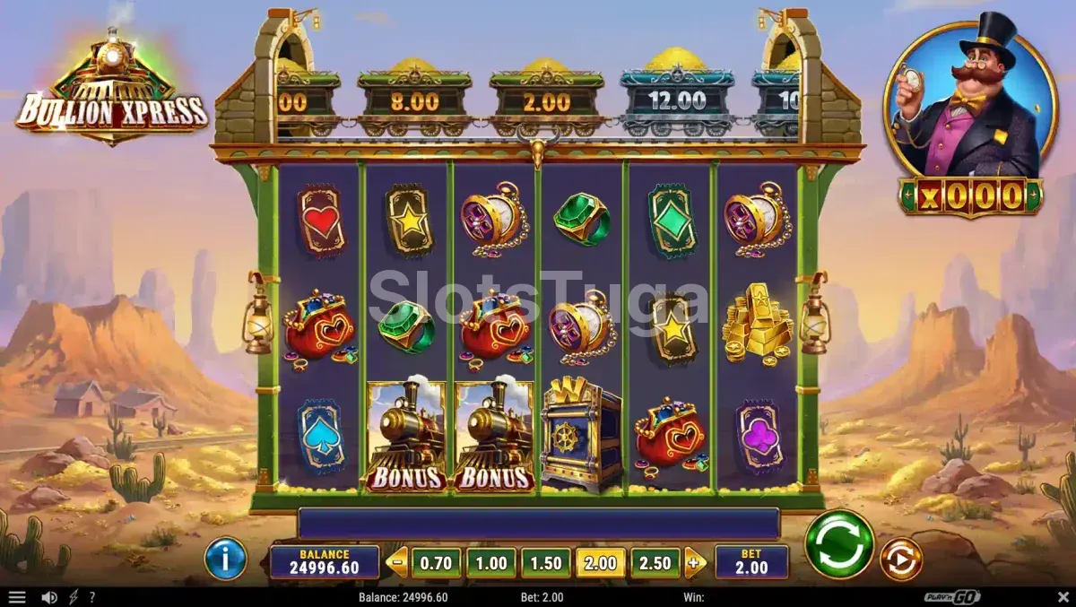 Jogo base da Bullion Xpress com locomotiva e ouro espalhado