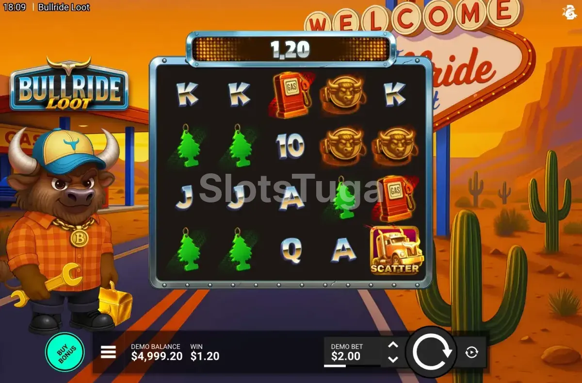 Tela principal do jogo Bullride Loot com o cenário de rodeio
