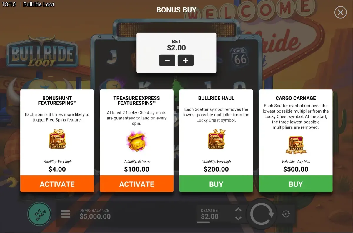 Opção de Bonus Buy disponível na slot Bullride Loot