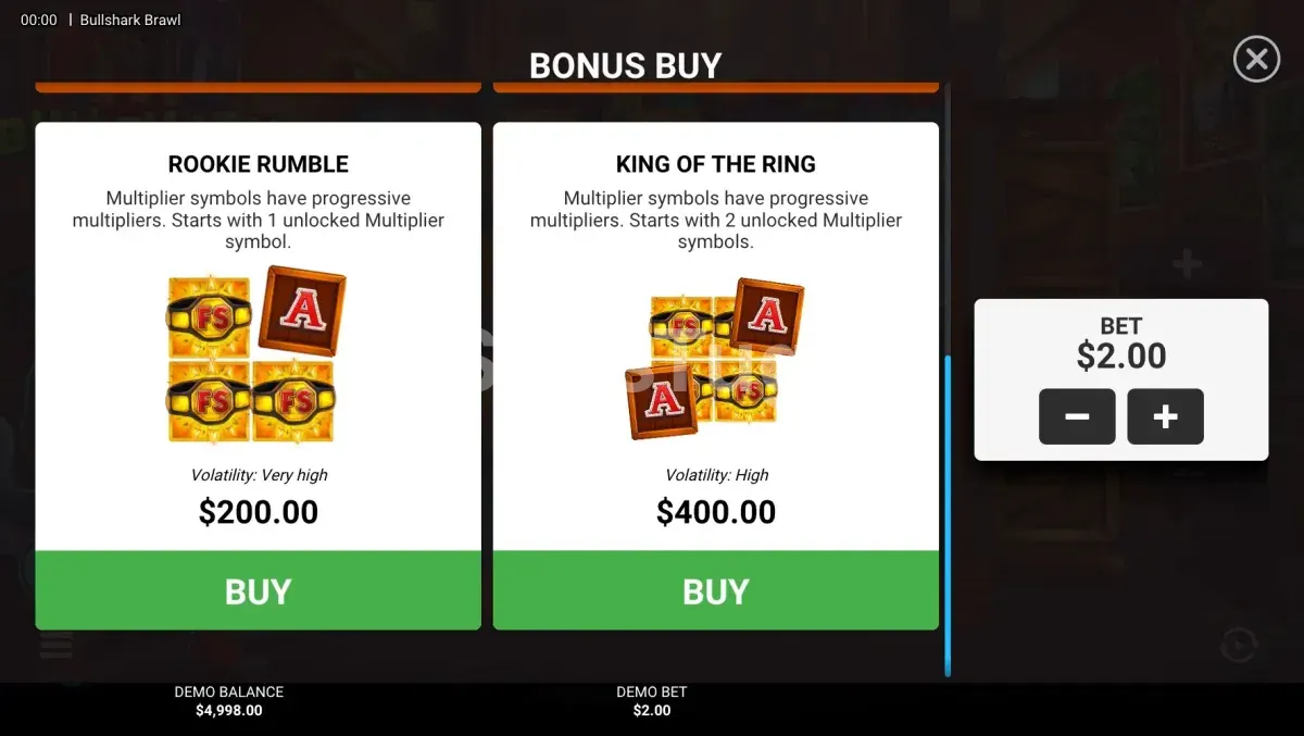 Menu de compra de bônus da Bullshark Brawl com todas as opções