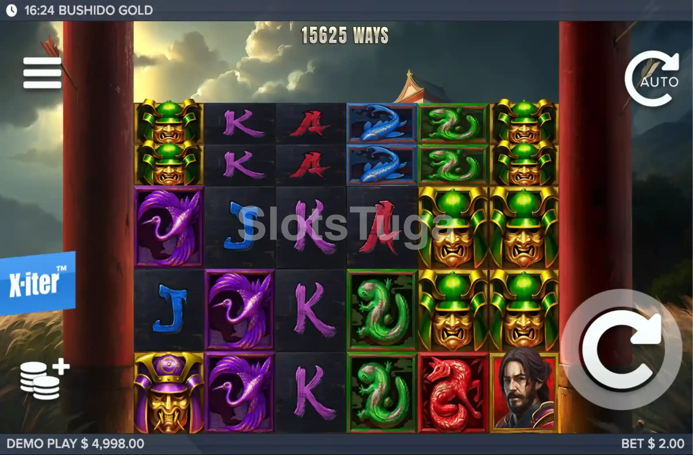 Tela principal do jogo base na slot Bushido Gold da ELK Studios