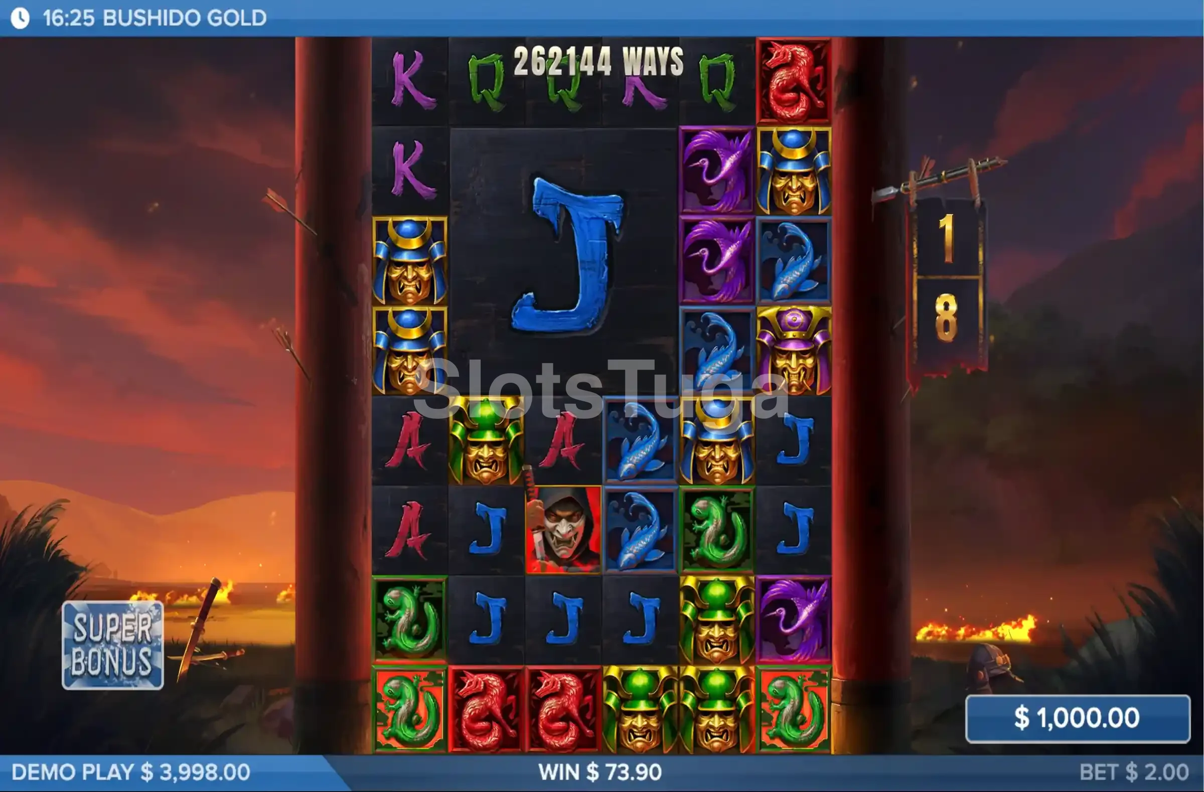 Rodada de giros grátis em andamento na slot Bushido Gold