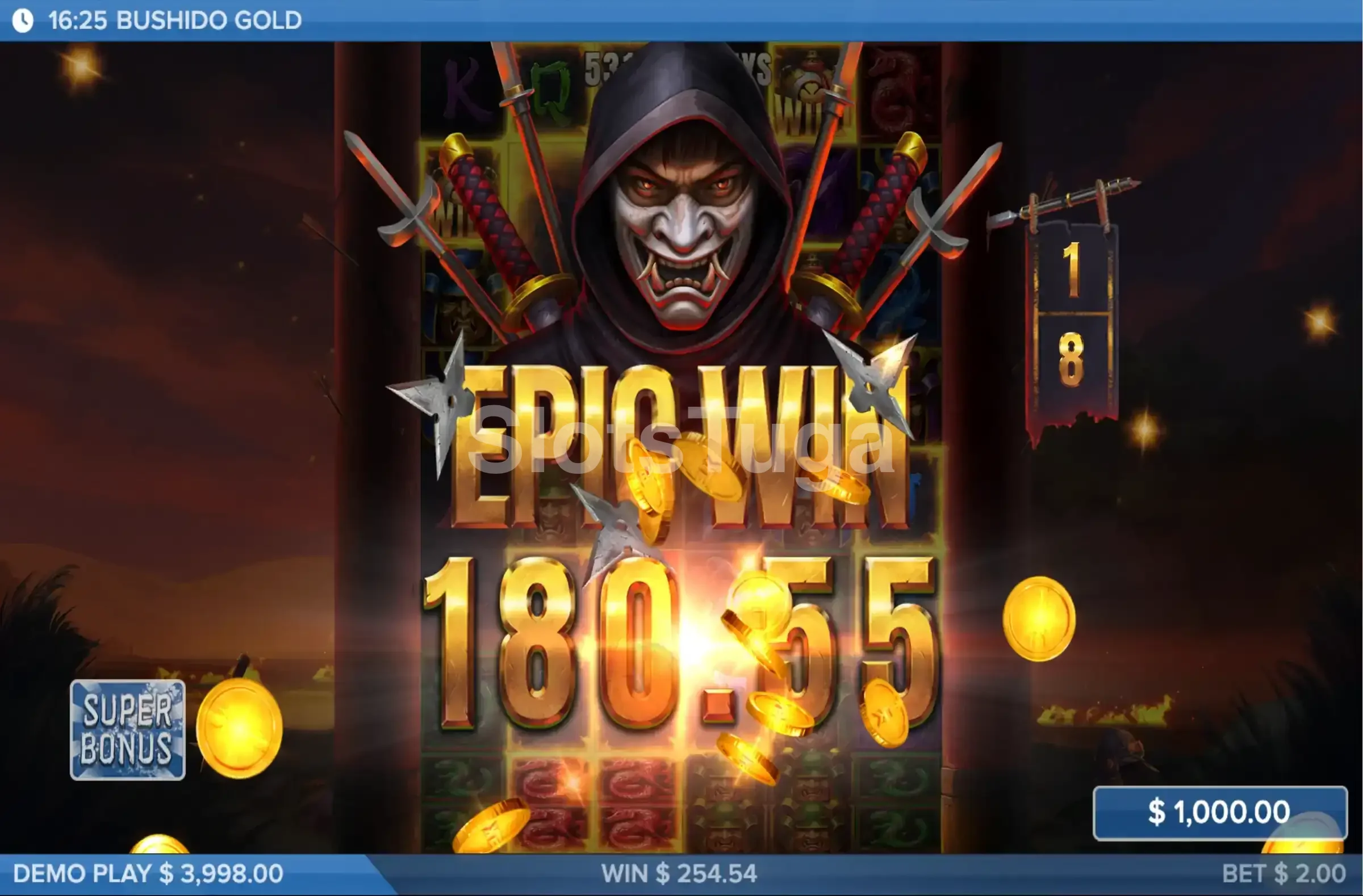 Tela de big win na slot Bushido Gold com multiplicador alto