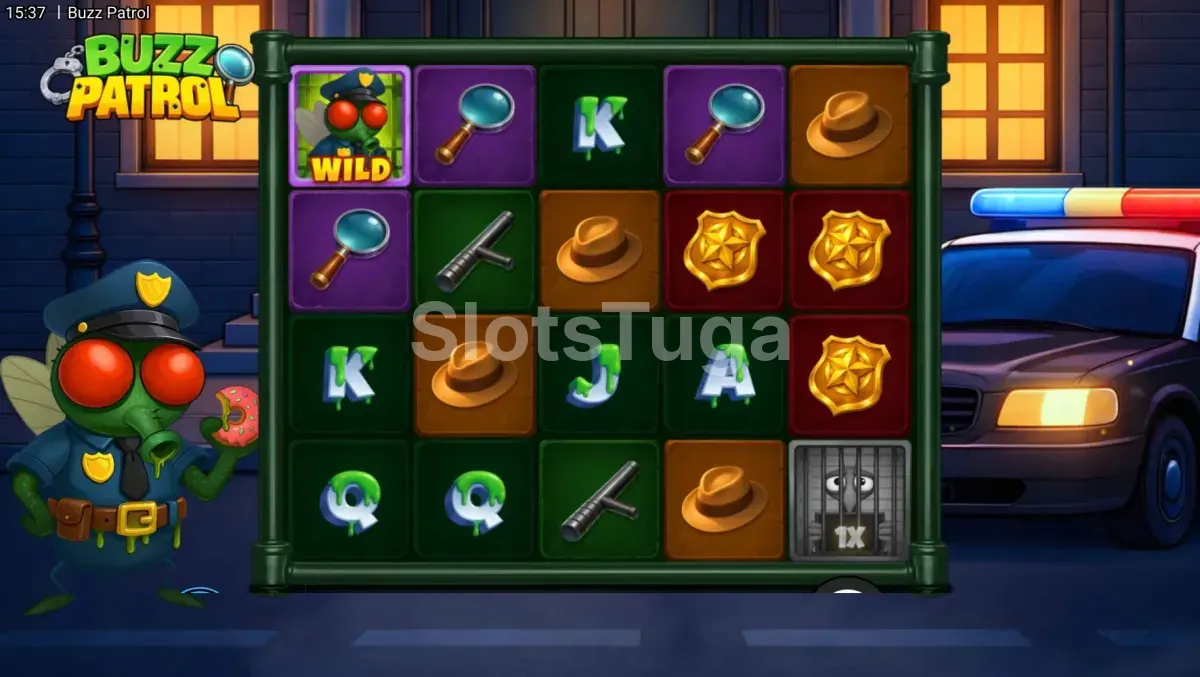 Tela inicial do slot Buzz Patrol com o grid de insetos policiais