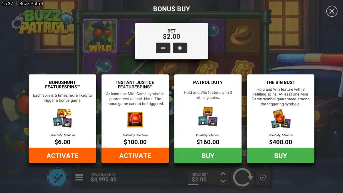 Menu de compra de bônus do slot Buzz Patrol com quatro opções disponíveis