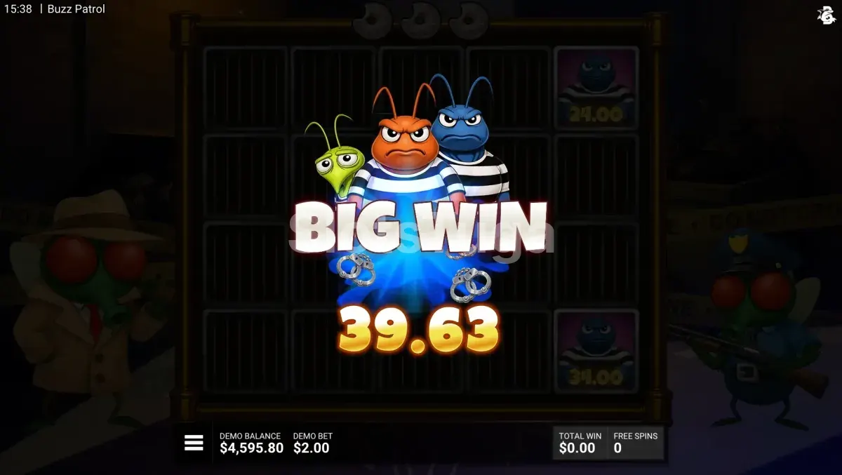 Tela de grande vitória no Buzz Patrol mostrando o potencial máximo do slot