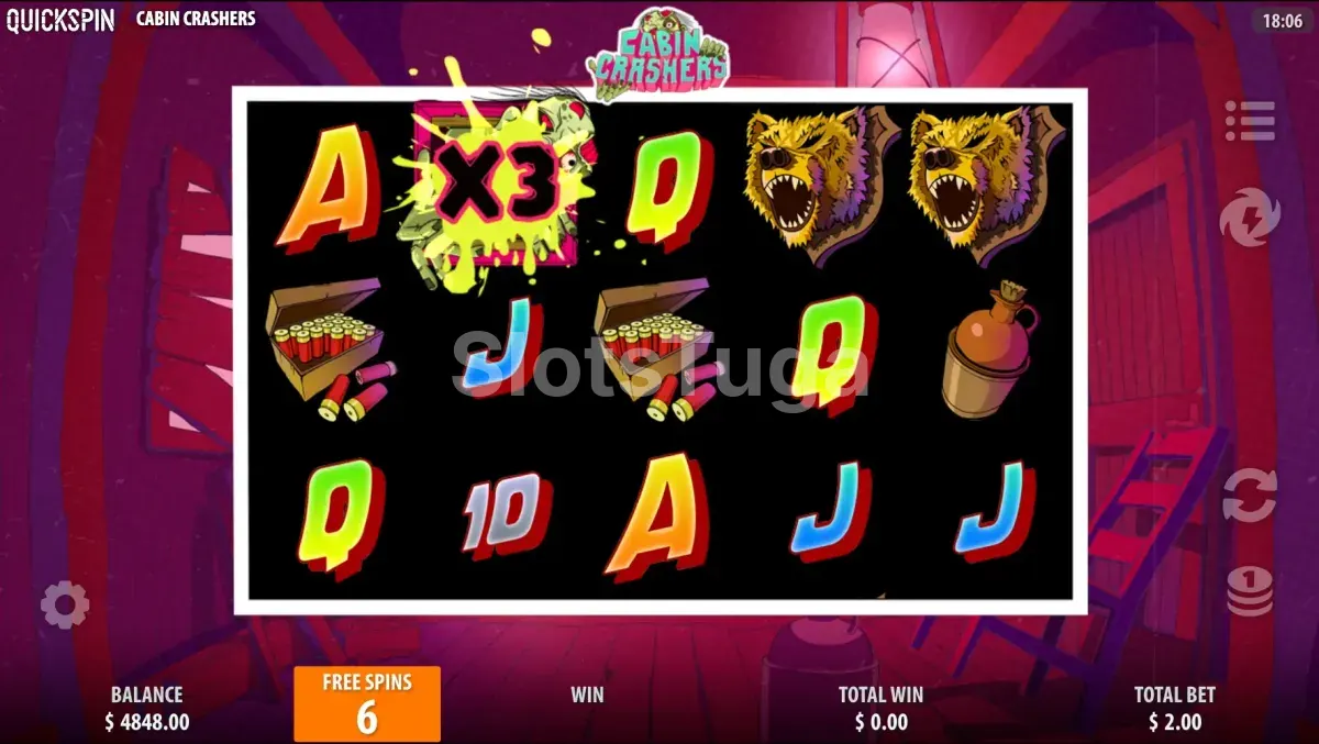 Rodadas grátis ativadas na slot Cabin Crashers com Crashers em ação