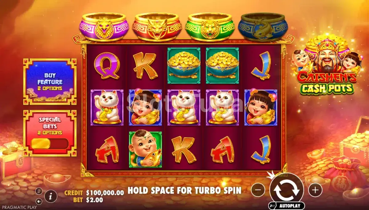 Jogo base do Caishen's Cash Pots com símbolos orientais e pots dourados