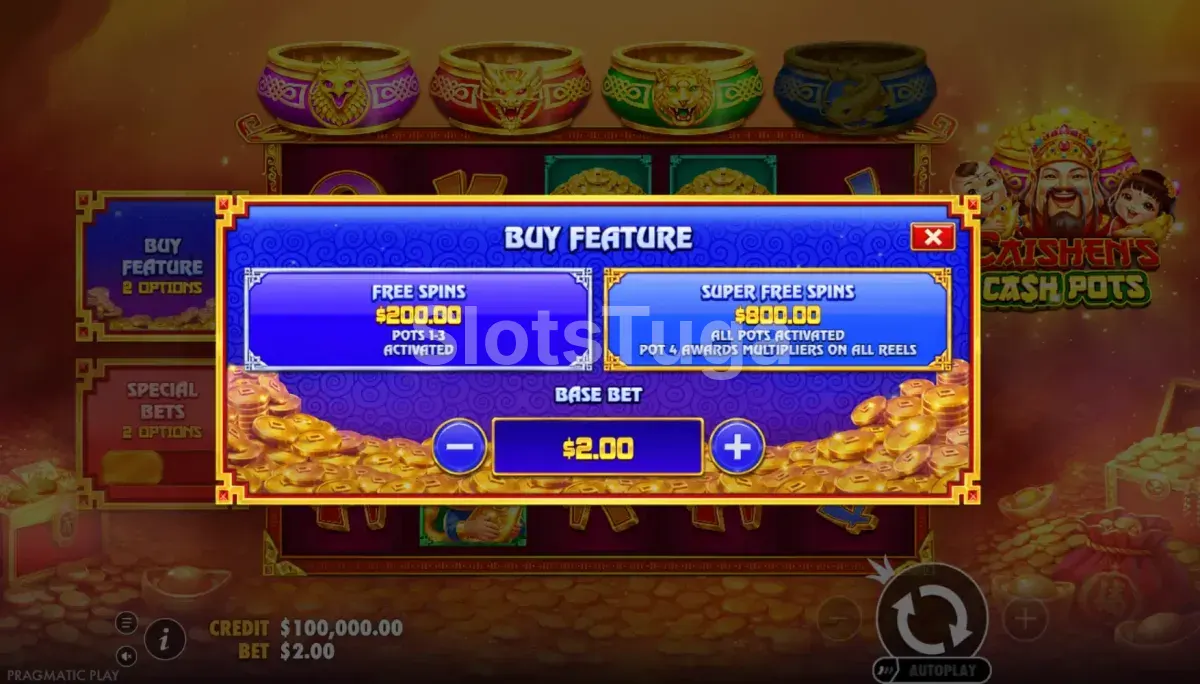 Tela de compra de bônus do Caishen's Cash Pots com opções de Bonus Buy