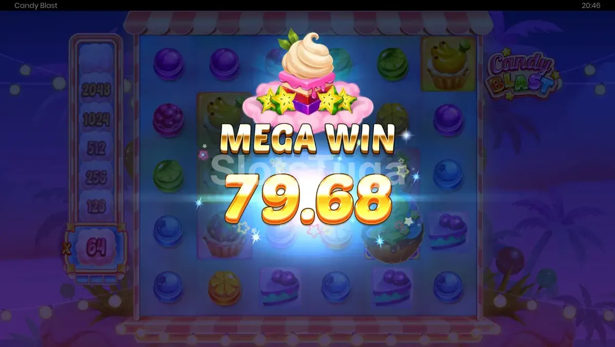 Grande vitória na slot Candy Blast mostrando potencial x10000