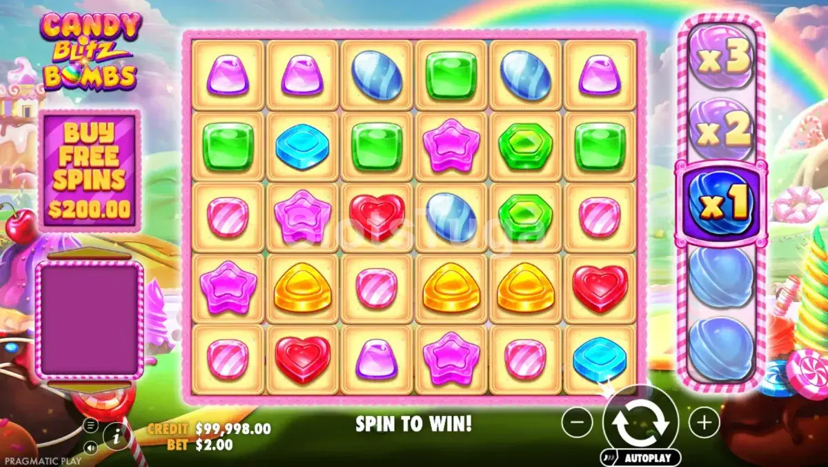 Jogo base da Candy Blitz Bombs com grid colorido e reel de multiplicadores