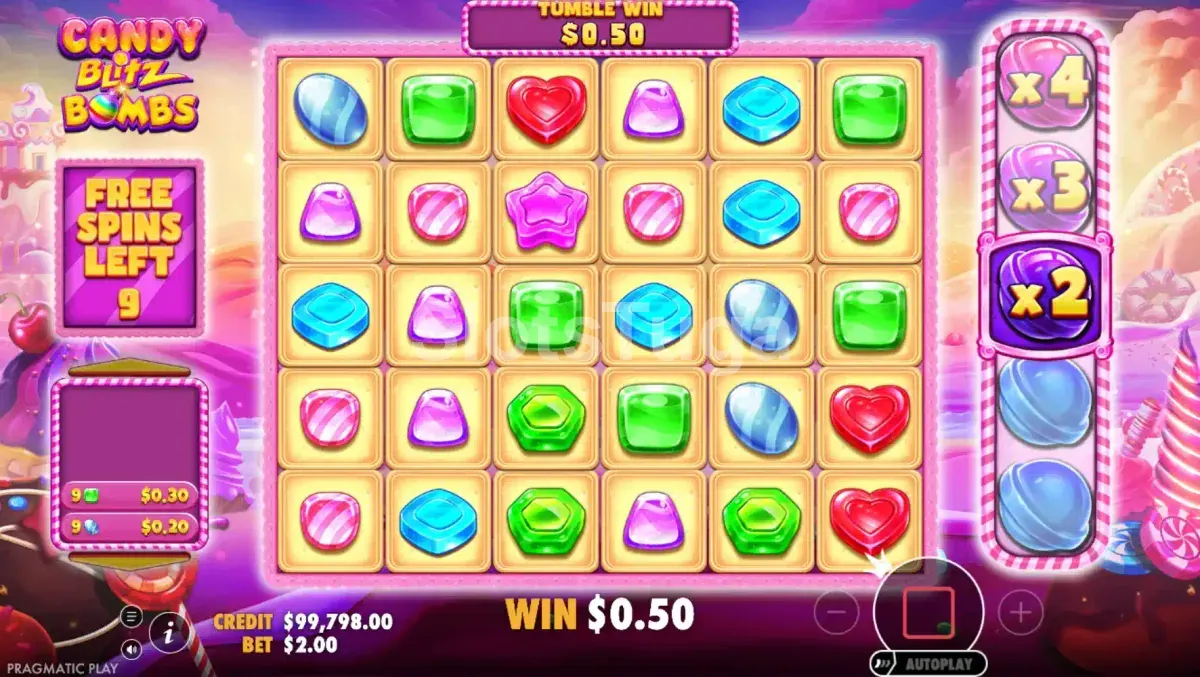 Rodada de free spins da Candy Blitz Bombs com multiplicador acumulado