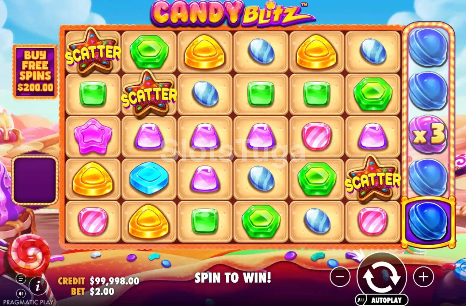 Candy Blitz em jogo base: uma grelha de seis por cinco com gomas verdes, amarelas, cor-de-rosa e azuis sobre fundo de bolacha, três estrelas de gengibre marcadas SCATTER, e uma coluna de multiplicadores à direita com um x3 entre bolas azuis.