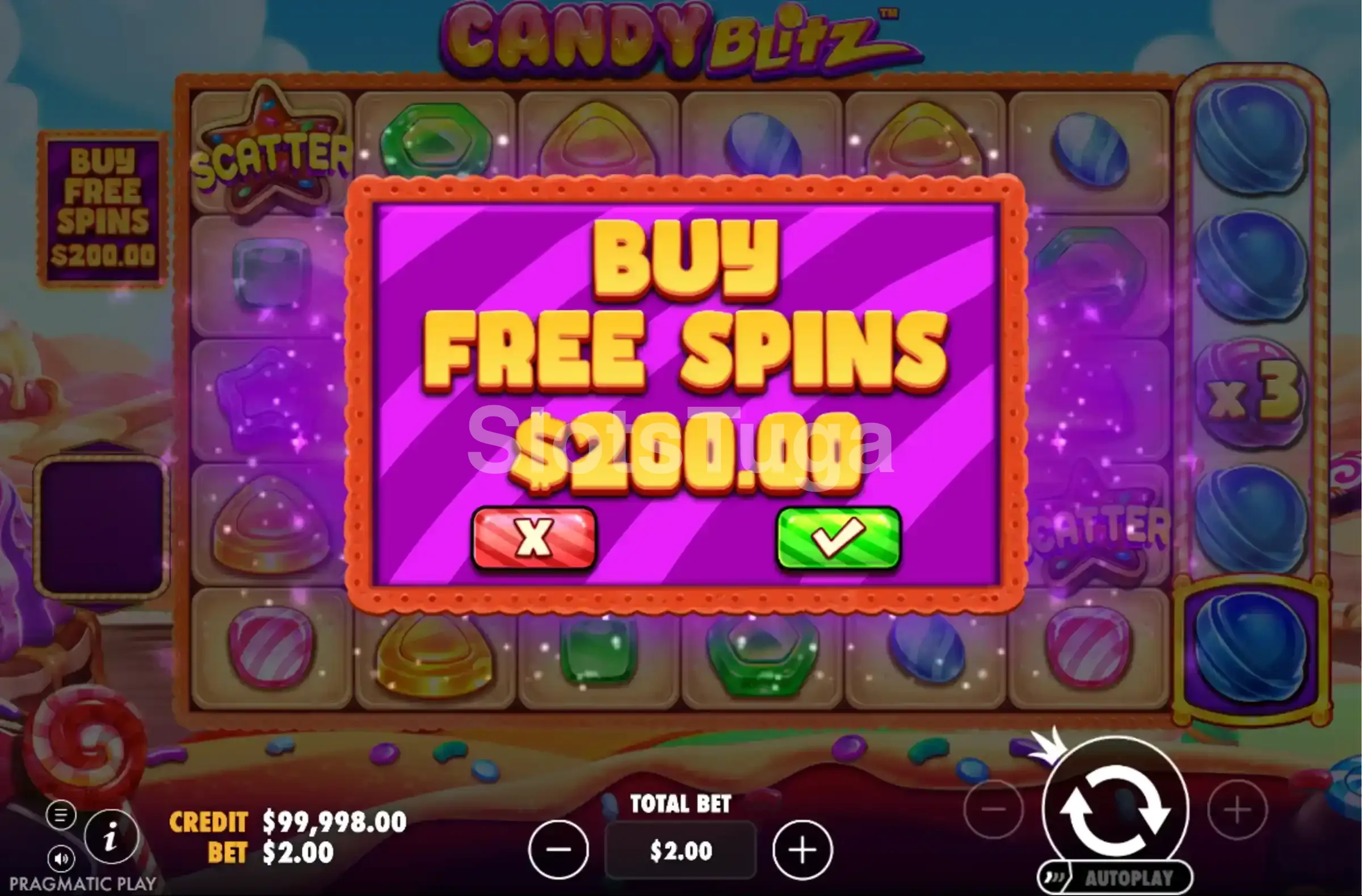 Tela de compra do bônus na Candy Blitz da Pragmatic Play