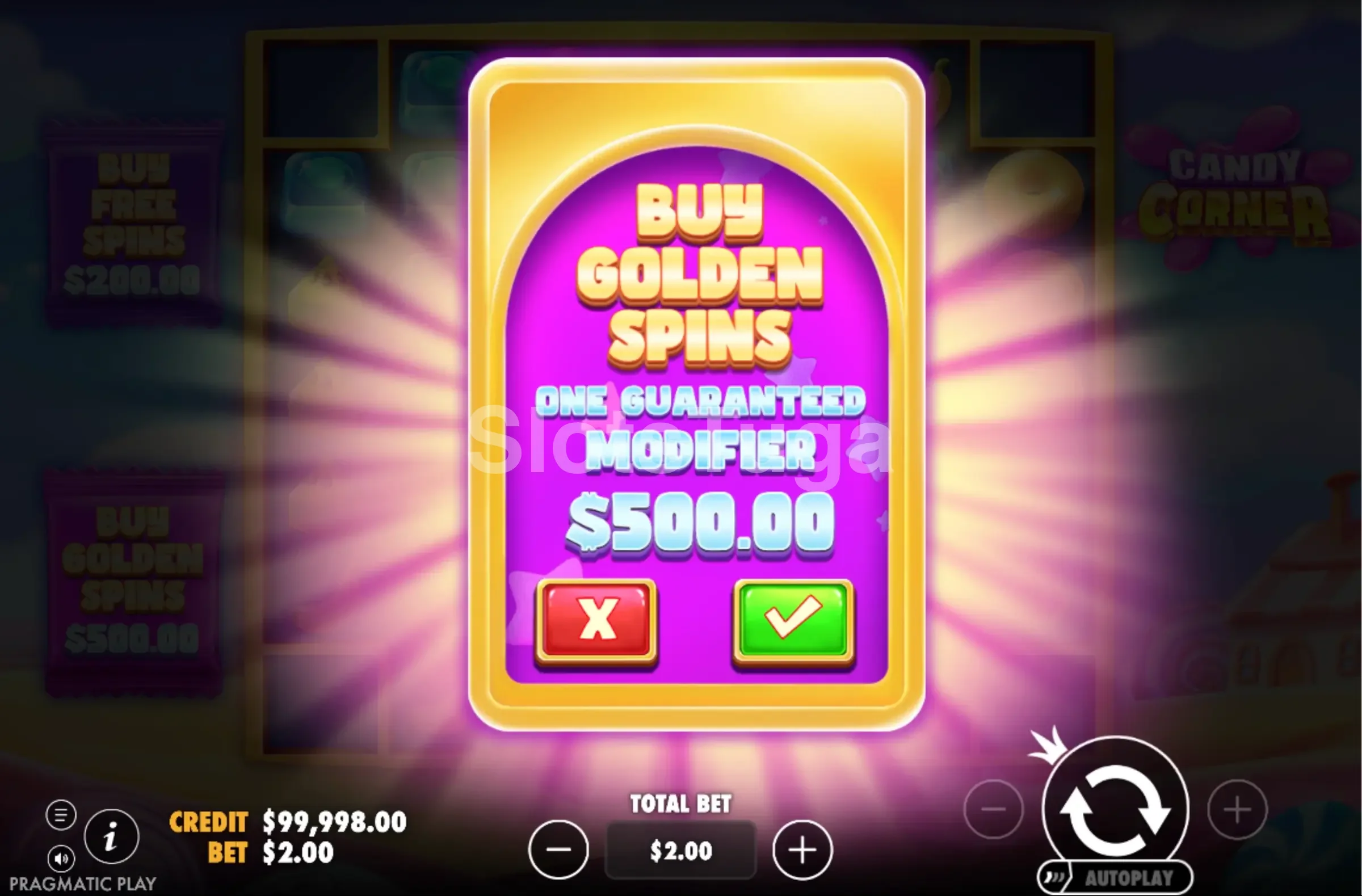 Menu de compra de bônus da Candy Corner com as duas opções disponíveis
