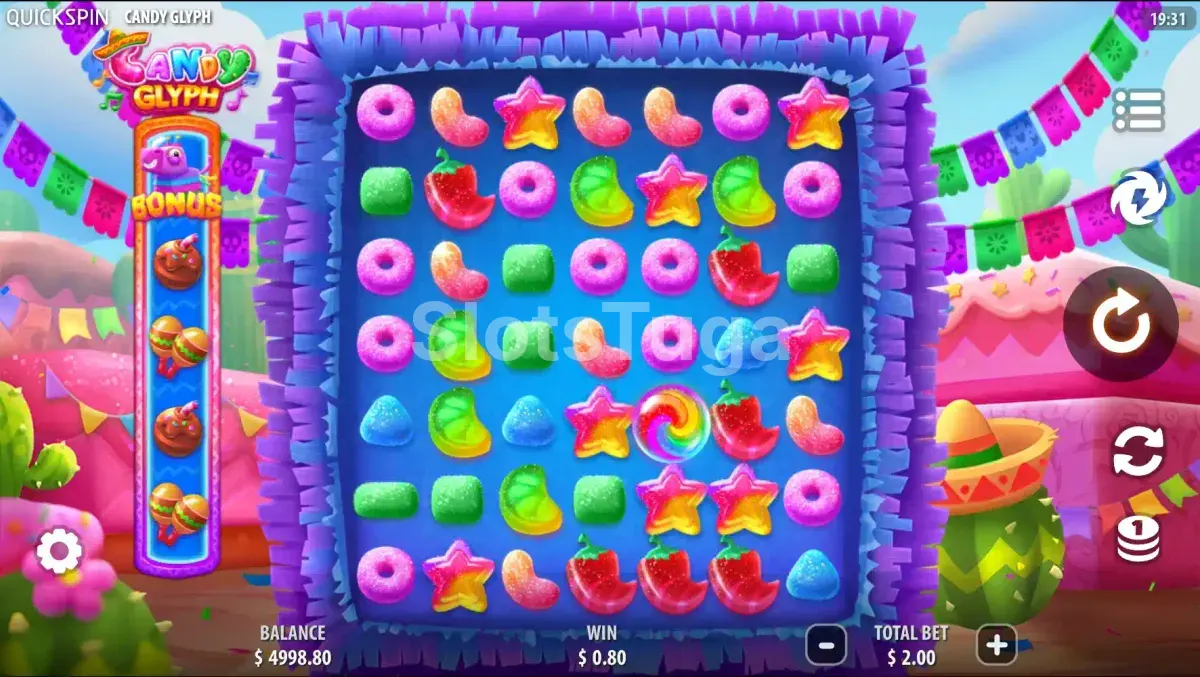 Tela inicial da slot Candy Glyph com grid 7x7 e tema de festa mexicana
