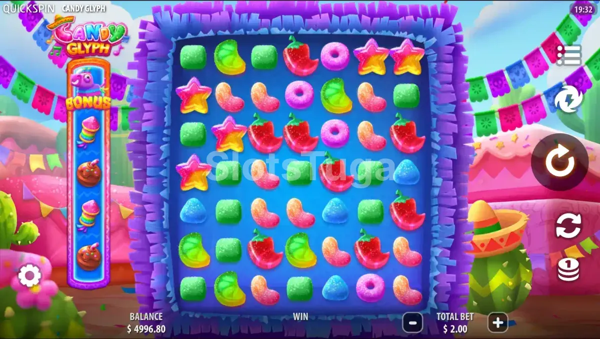 Rodada de Free Spins ativa na slot Candy Glyph com wild multiplicador Pinata