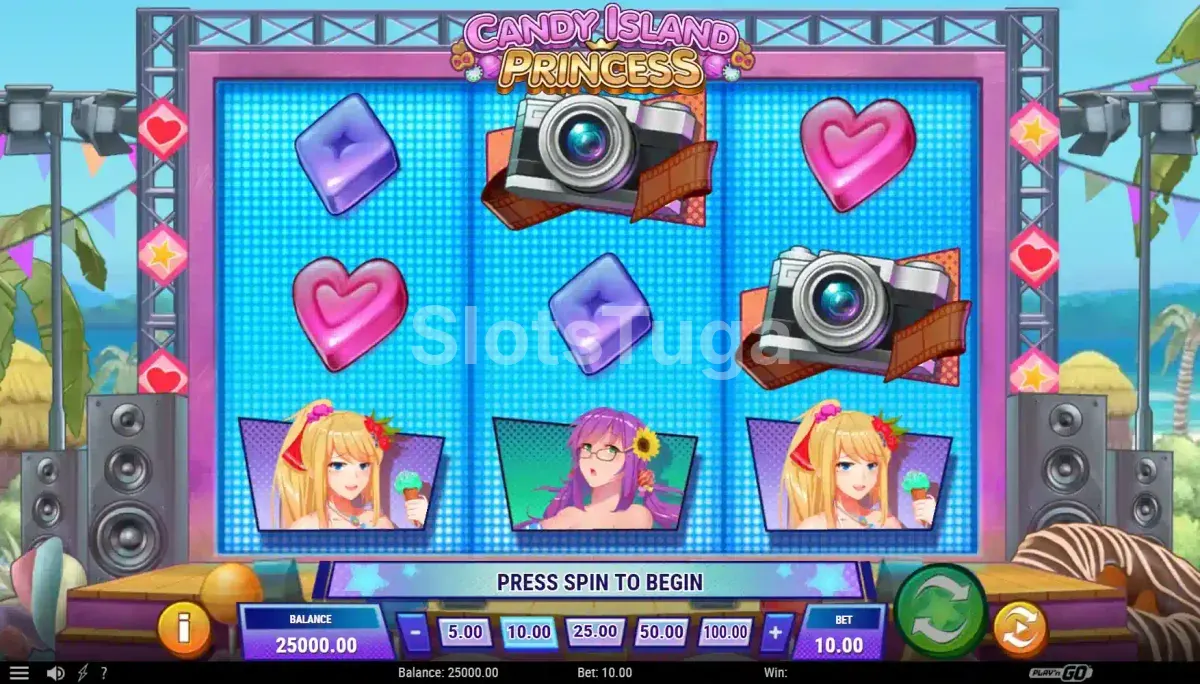 Tela principal da slot Candy Island Princess mostrando o cenário do palco tropical