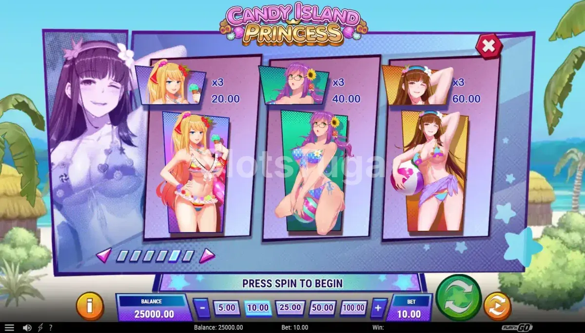 Tabela de pagamentos da Candy Island Princess com todos os símbolos e valores
