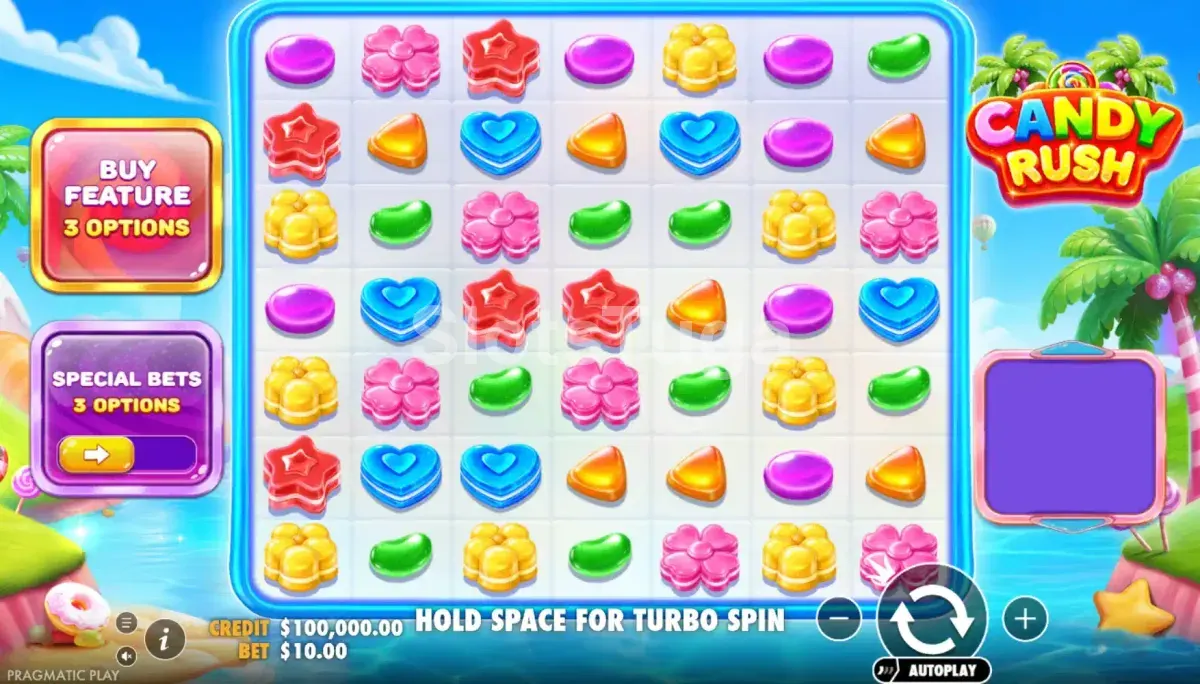 Candy Rush em jogo base: uma grelha de sete por sete com gomas em forma de flor, estrela, coração e feijão, numa praia tropical com palmeiras de tronco às riscas, e os botões de compra de funcionalidade e de apostas especiais com três opções cada um.