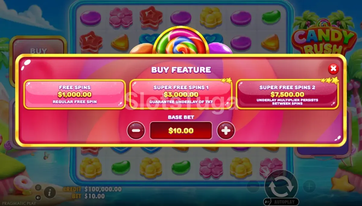 Tela de compra de bônus do Candy Rush com opções disponíveis