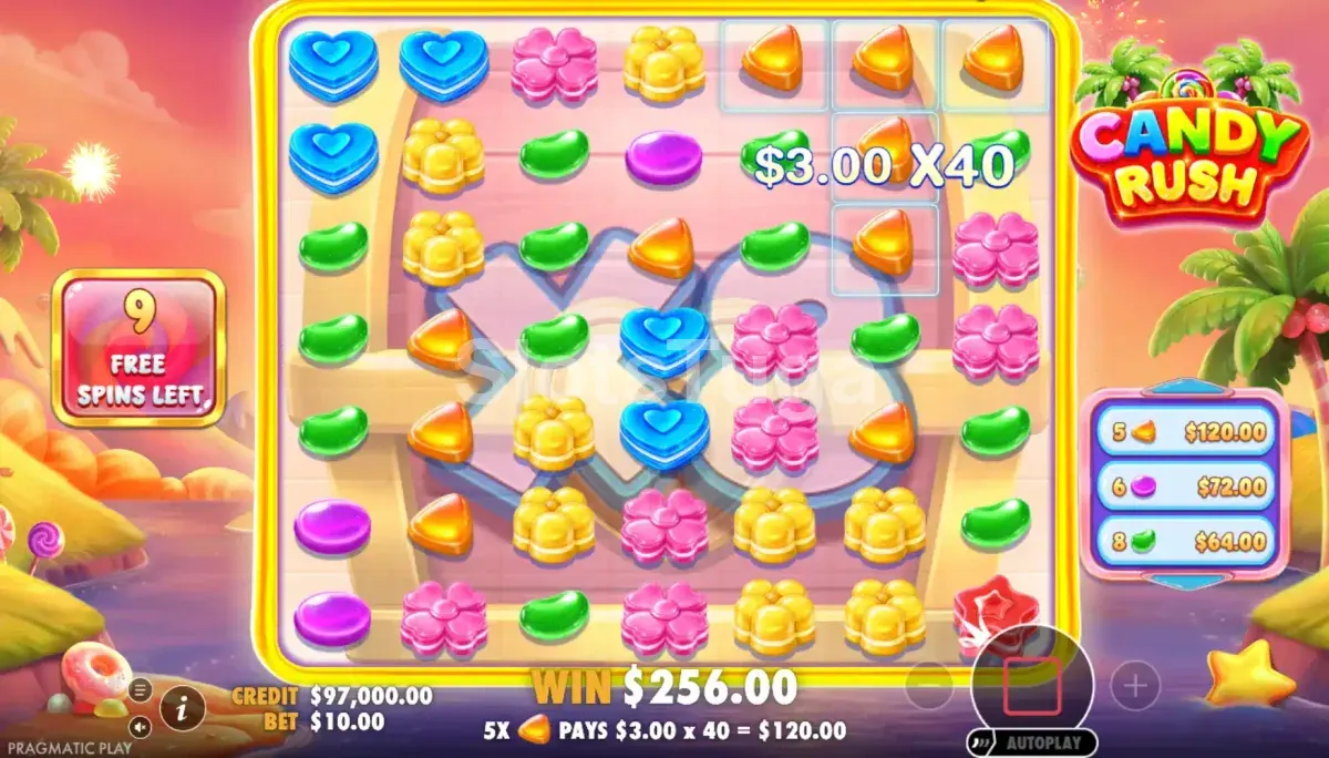 Rodadas grátis do Candy Rush com underlay 7x7 ativo