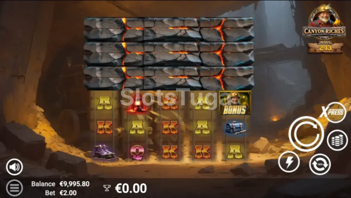 Jogo base do Canyon Riches com os rouleaux em ação
