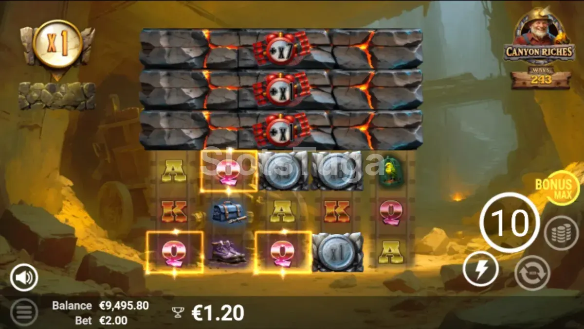 Rodadas bônus ativadas no Canyon Riches com wilds e multiplicadores em destaque