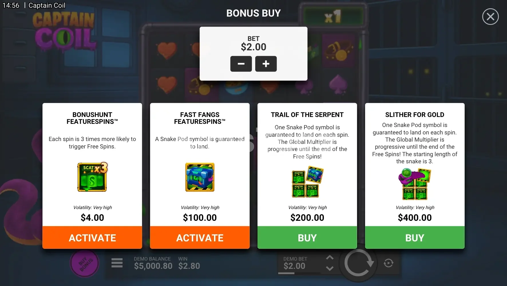 Captain Coil, tela de compra de bônus com as quatro opções disponíveis