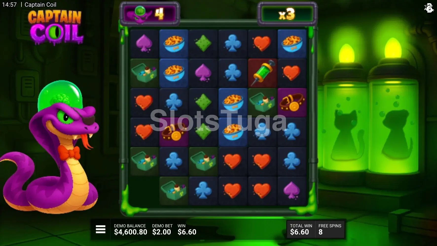 Captain Coil, tela de free spins com multiplicador global ativado