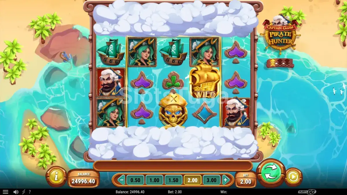 Tela principal do slot Captain Glum Pirate Hunter com visão aérea do oceano