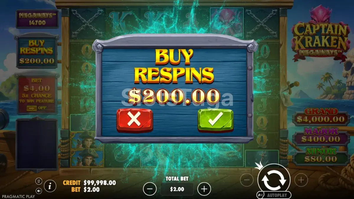 Tela de compra de bônus da Captain Kraken Megaways com opções disponíveis