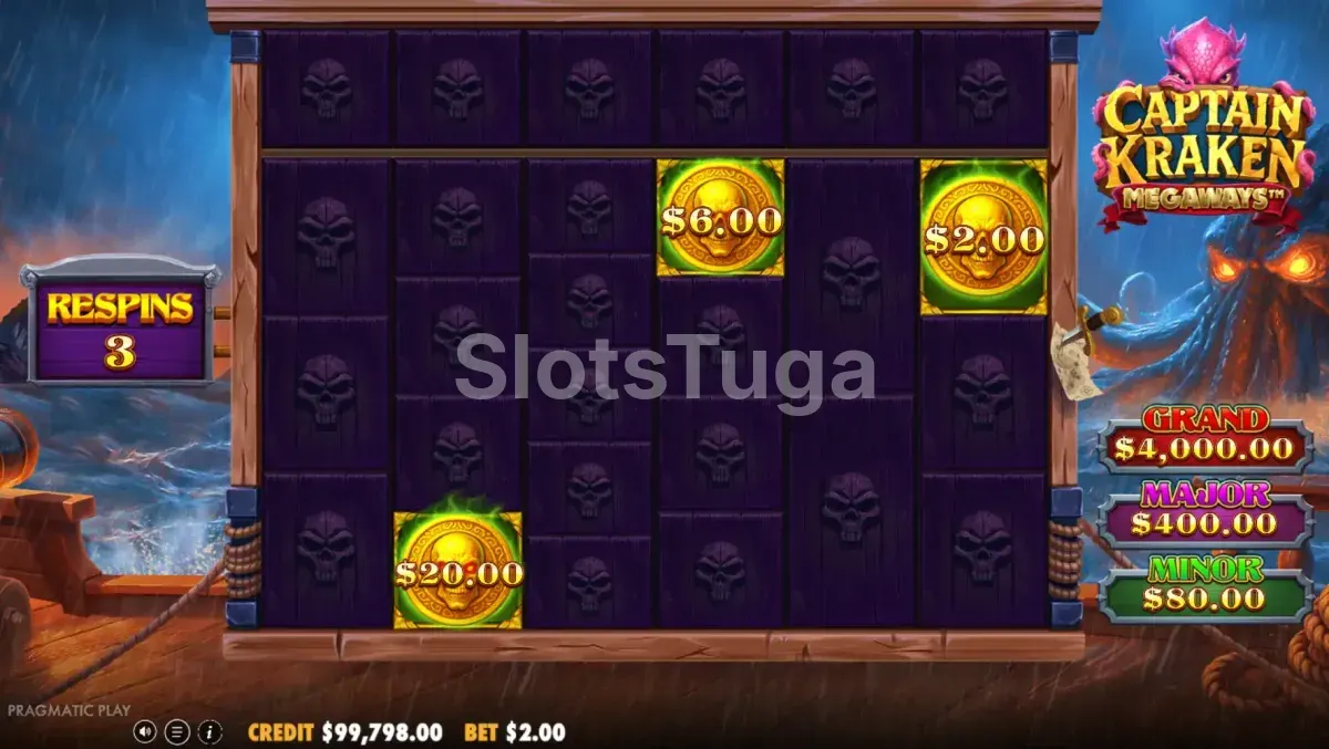 Round de free spins ativo na Captain Kraken Megaways com símbolos de dinheiro