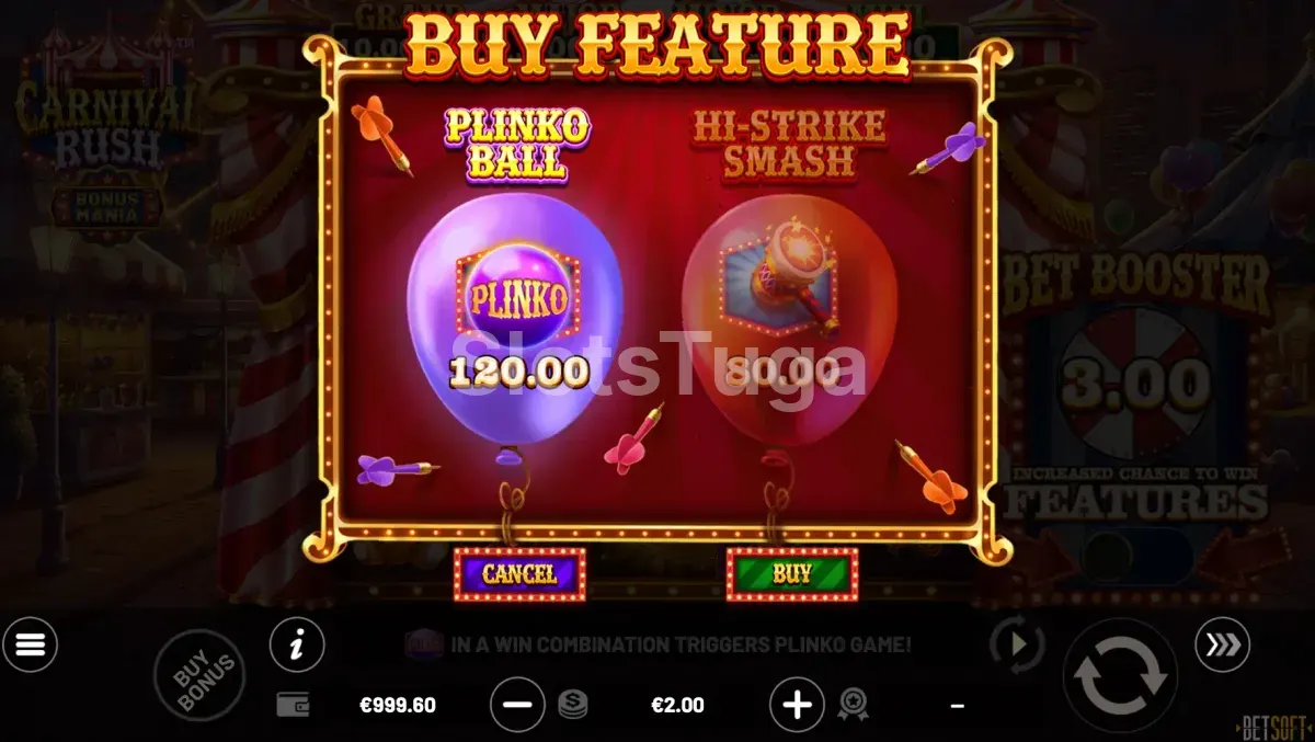 Tela de compra de bônus da slot Carnival Rush