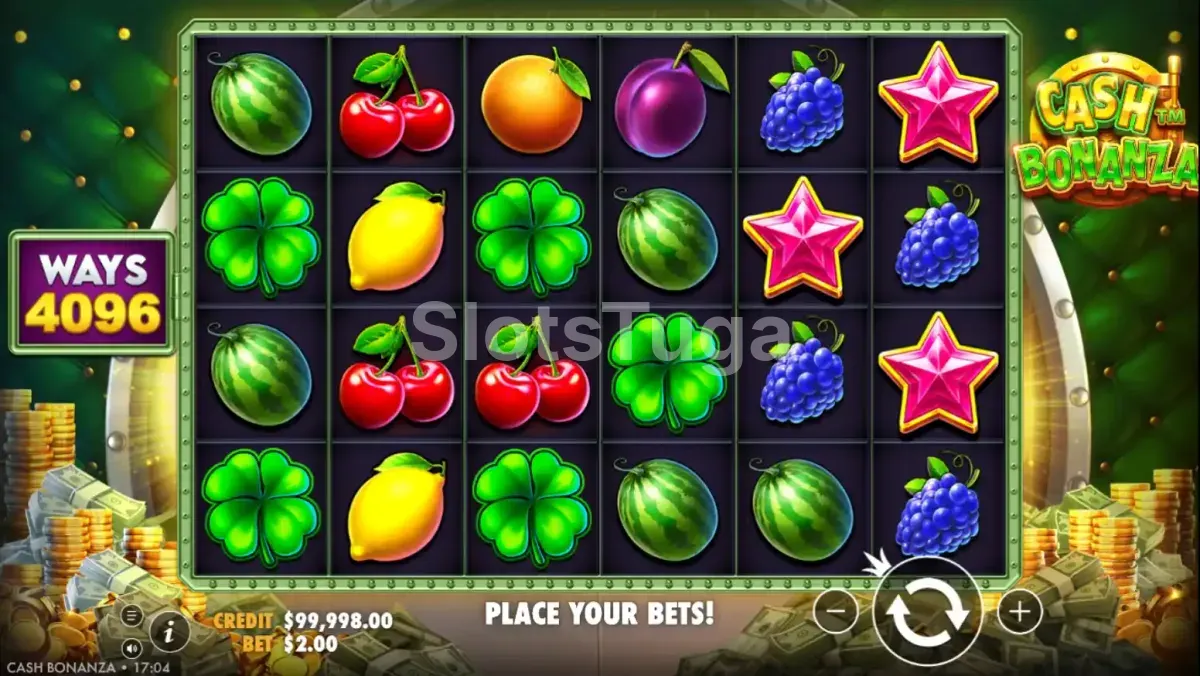 Tela principal da slot Cash Bonanza com grid 6x4 e símbolos de frutas
