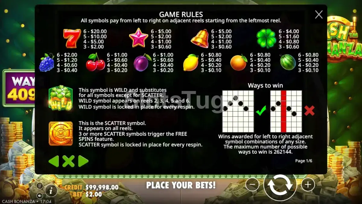 Tabela de pagamentos completa da slot Cash Bonanza