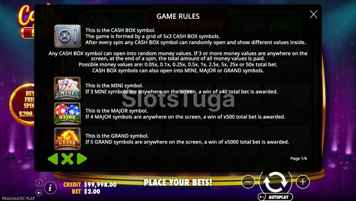 Tabela de pagamentos da Cash Box mostrando os prêmios dos jackpots