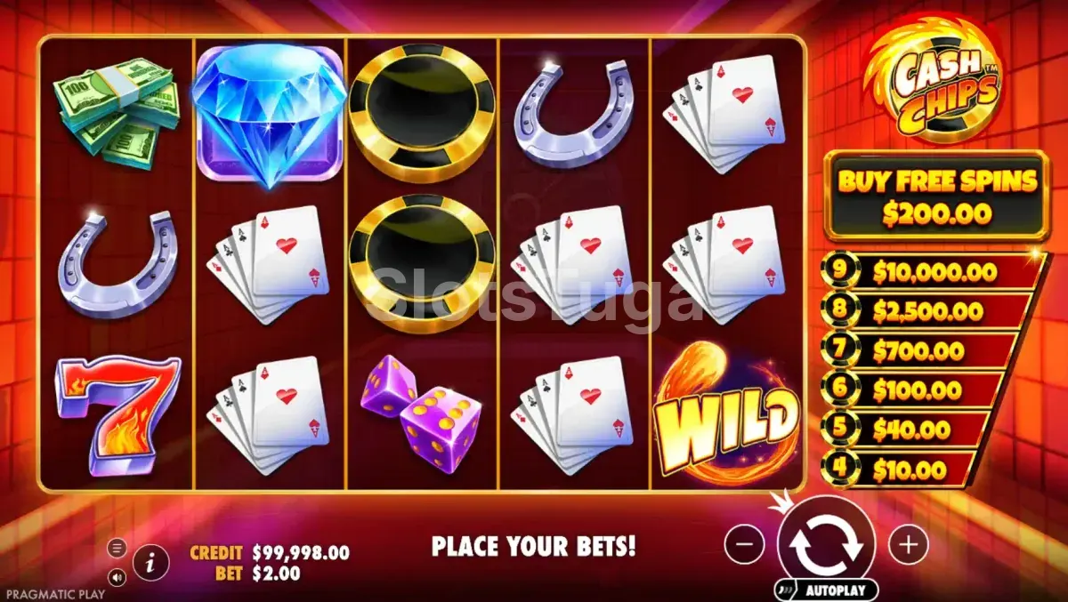 Tela principal do jogo Cash Chips com os rouleaux e fichas coloridas